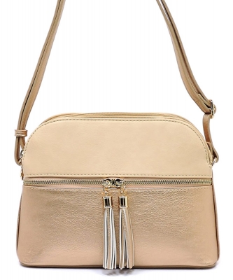 Dual Tone Zip Tassel Multi Compartment Crossbody Bag LP050 NUDE ROSEGOLD